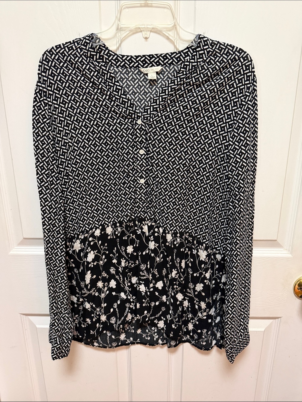 Cato Black and White Geometric Print and Floral Blouse, Size L